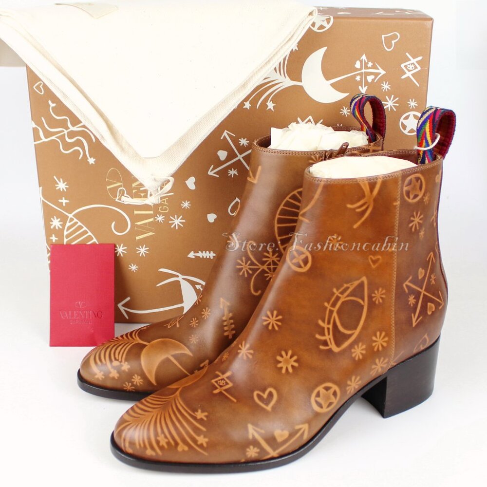 New Valentino Garavani Embossed Leather Ankle Boots | Western Block Heel Booties